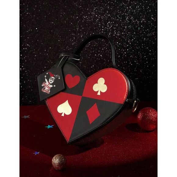 DC Comics Harley Quinn Heart Crossbody Bag Red Black Playing Card Suits NEW